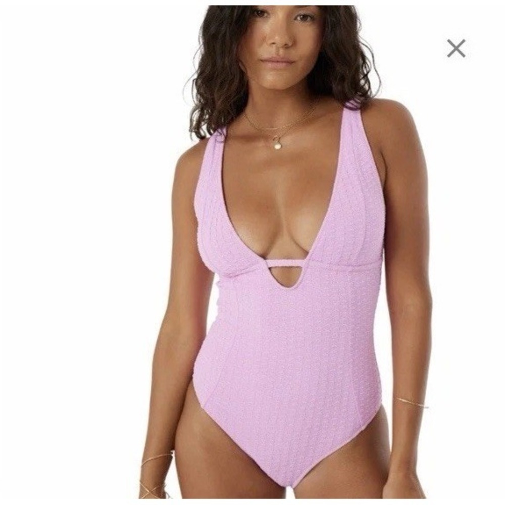 Roxy One Piece Swimsuit Large Lilac Purple Textured V-Neck Recycled Ribbed NWT